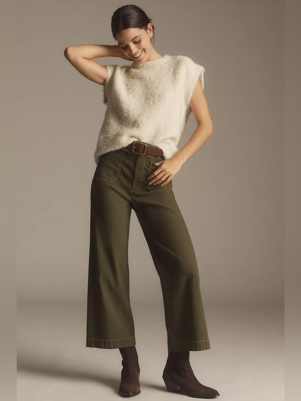 Anthropologie Maeve Colette Cropped Wide-Leg Trousers Contrast Stitch Green 31